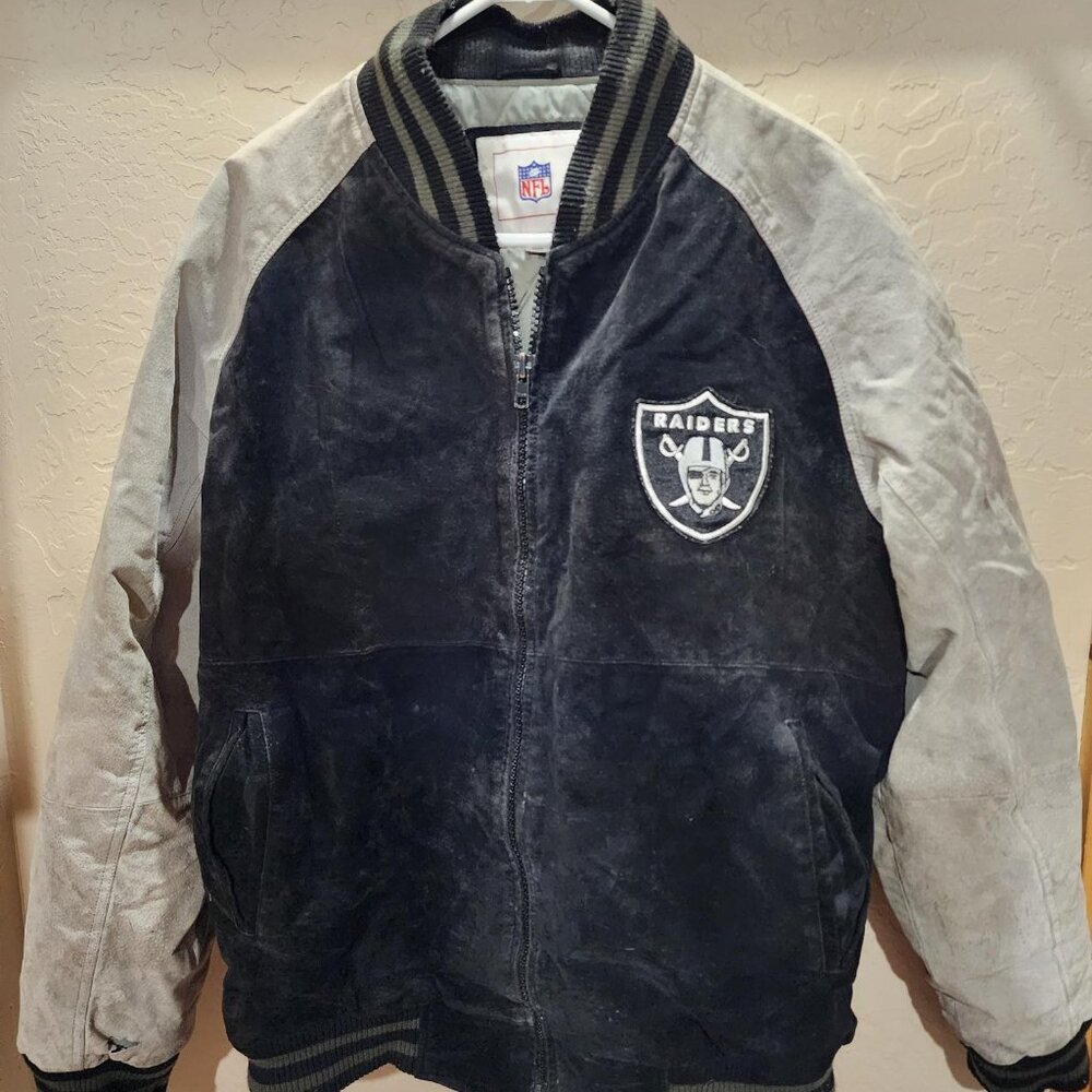 Vintage NFL Suede/Leather Raiders Bomber Jacket Men's Large Black and Grey